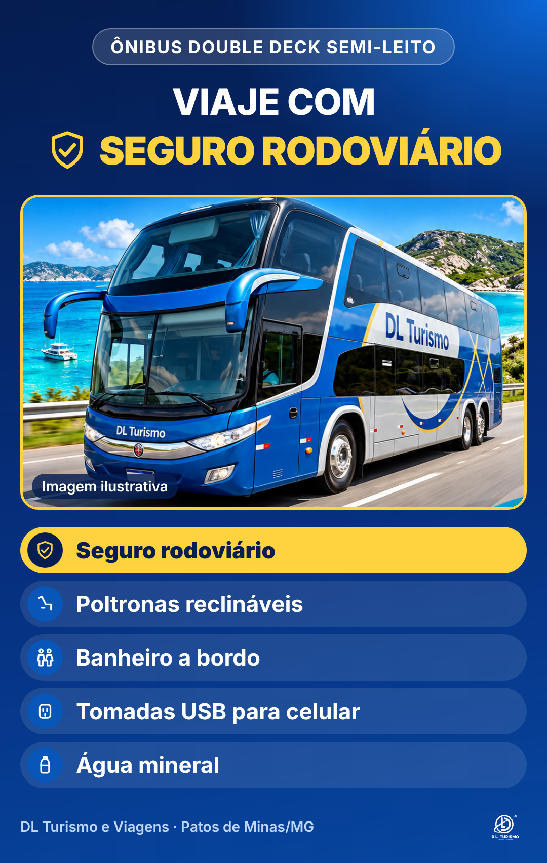 Ônibus double deck semi-leito com seguro rodoviário, poltronas reclináveis, banheiro a bordo, tomadas USB para celular e água mineral